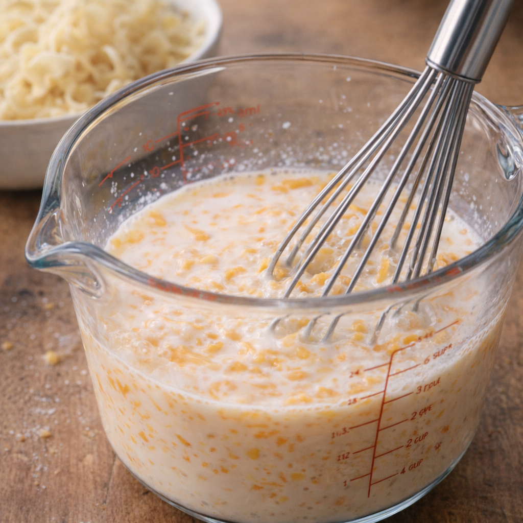 Milk and cheddar mixture being whisked in a measuring cup