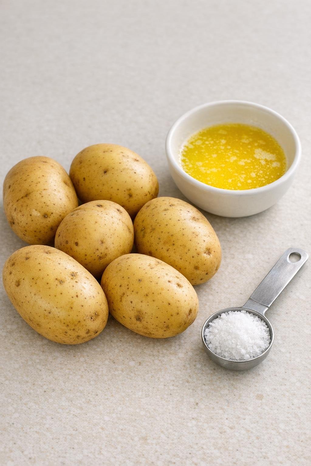 Potatoes, melted butter, and salt on a kitchen counter