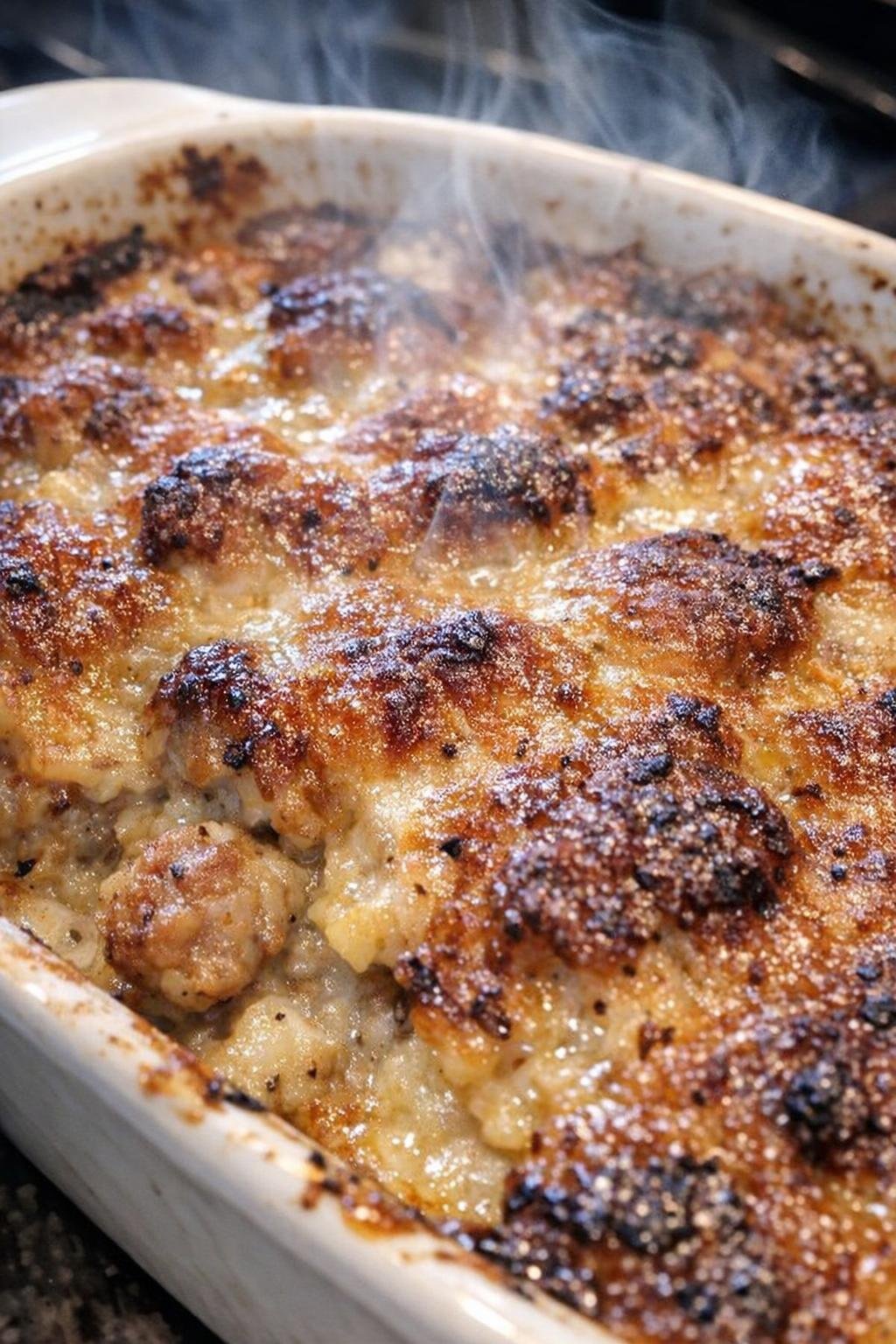 Vintage miner's bake with caramelized crust in a ceramic baking dish