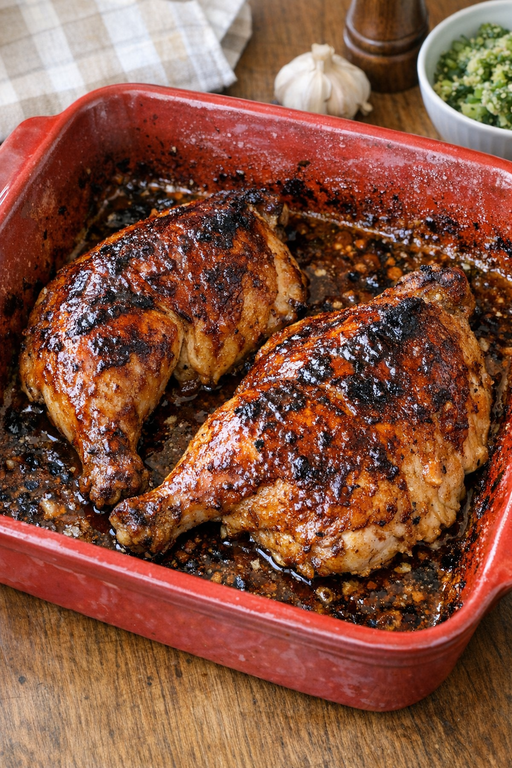 Finished glazed roasted chicken halves in a ceramic baking dish