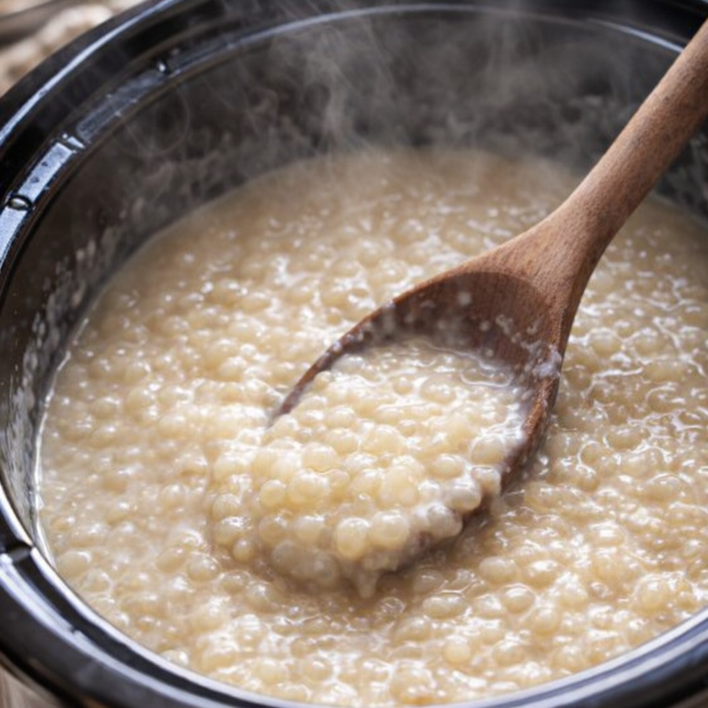 Thickened tapioca pudding in the slow cooker with translucent pearls
