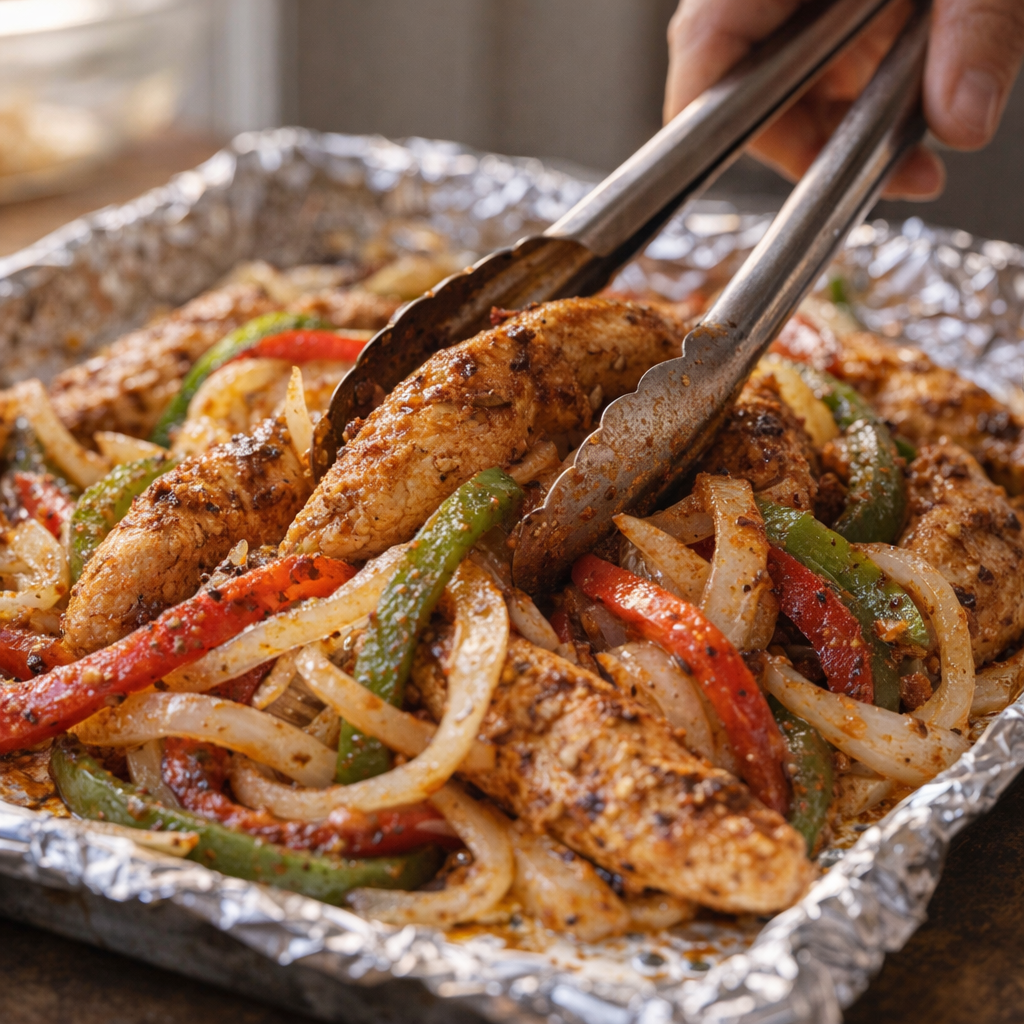 Seasoned chicken and vegetables being tossed on a sheet pan