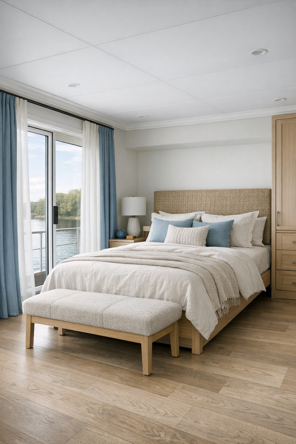 Serene bedroom with upholstered headboard, pale oak wardrobes, layered linens, and soft lake light