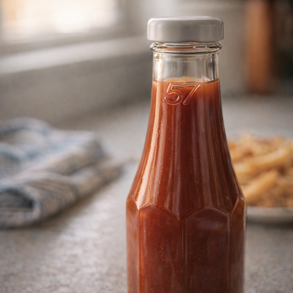Close-up of a glass ketchup bottle neck showing the embossed 57