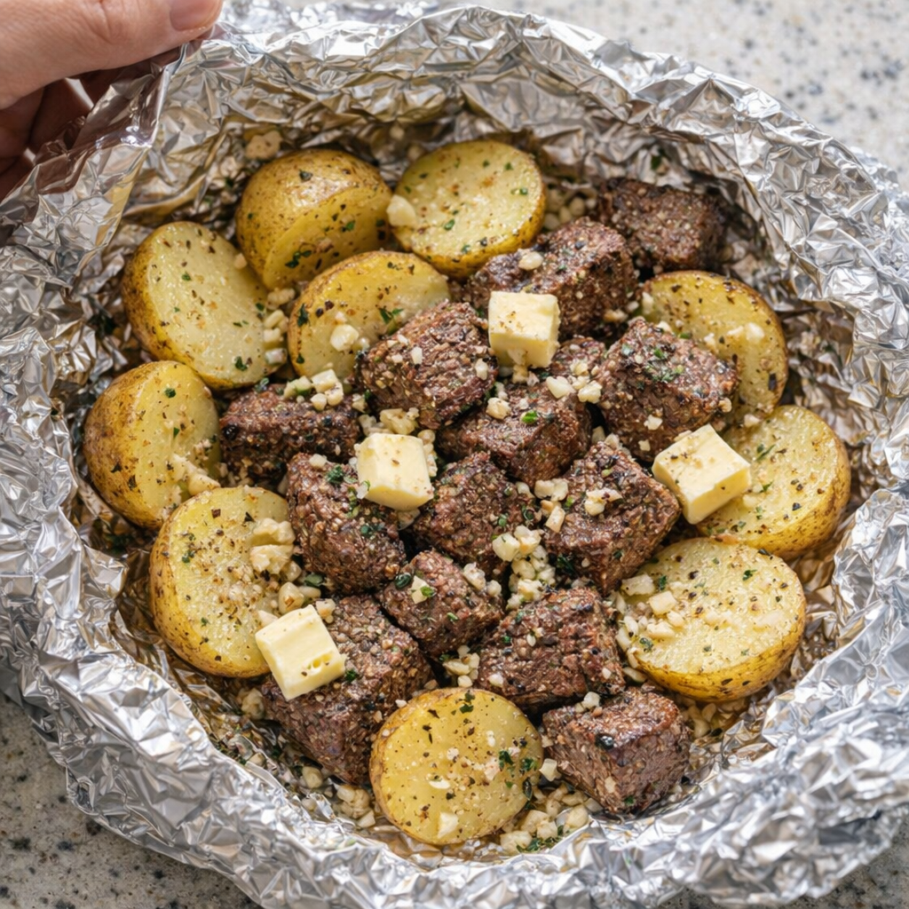 Half-assembled foil packet with steak, potatoes, and butter