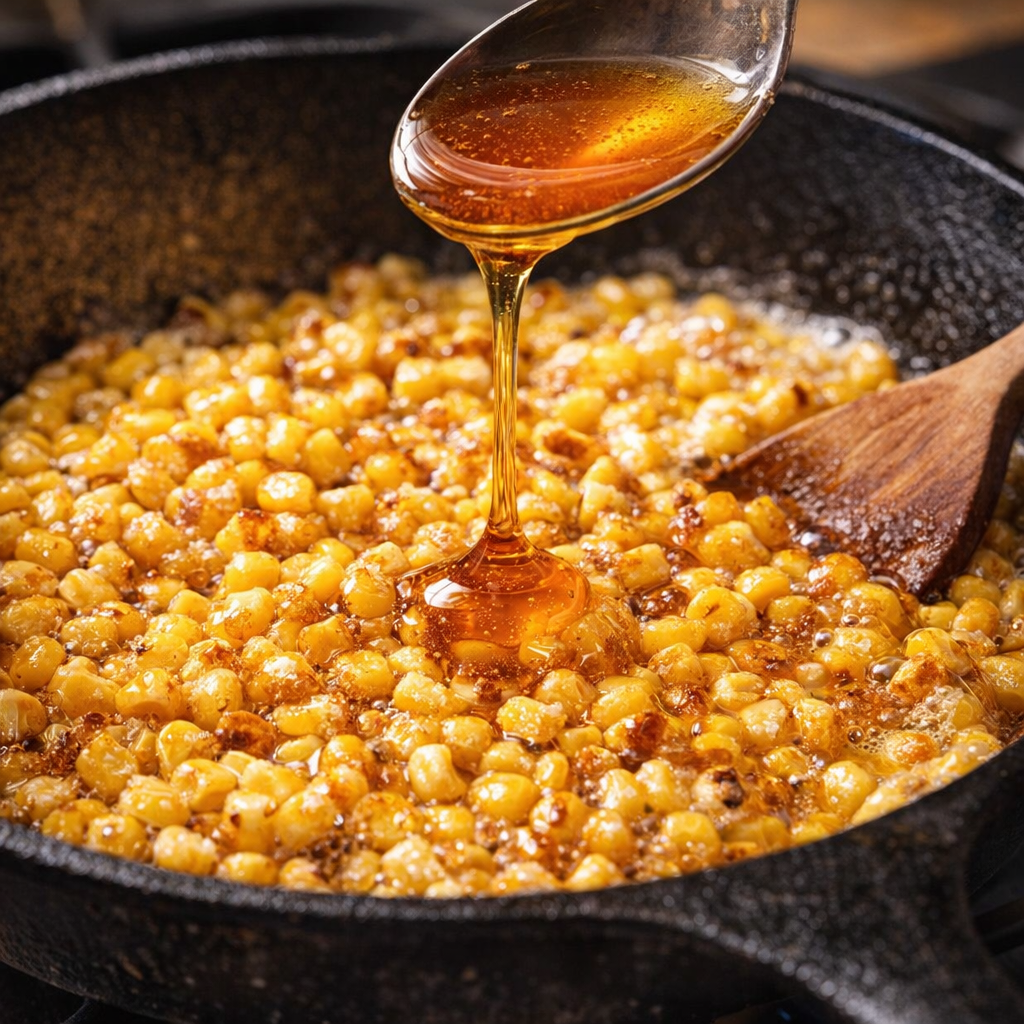Honey being drizzled over corn in a skillet
