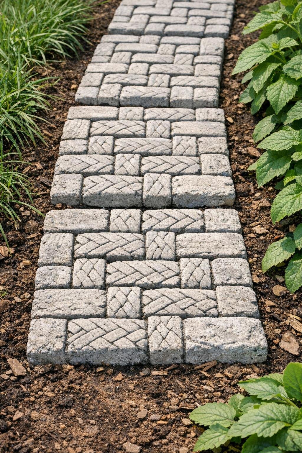 Finished woven-texture cement garden pavers in a garden path