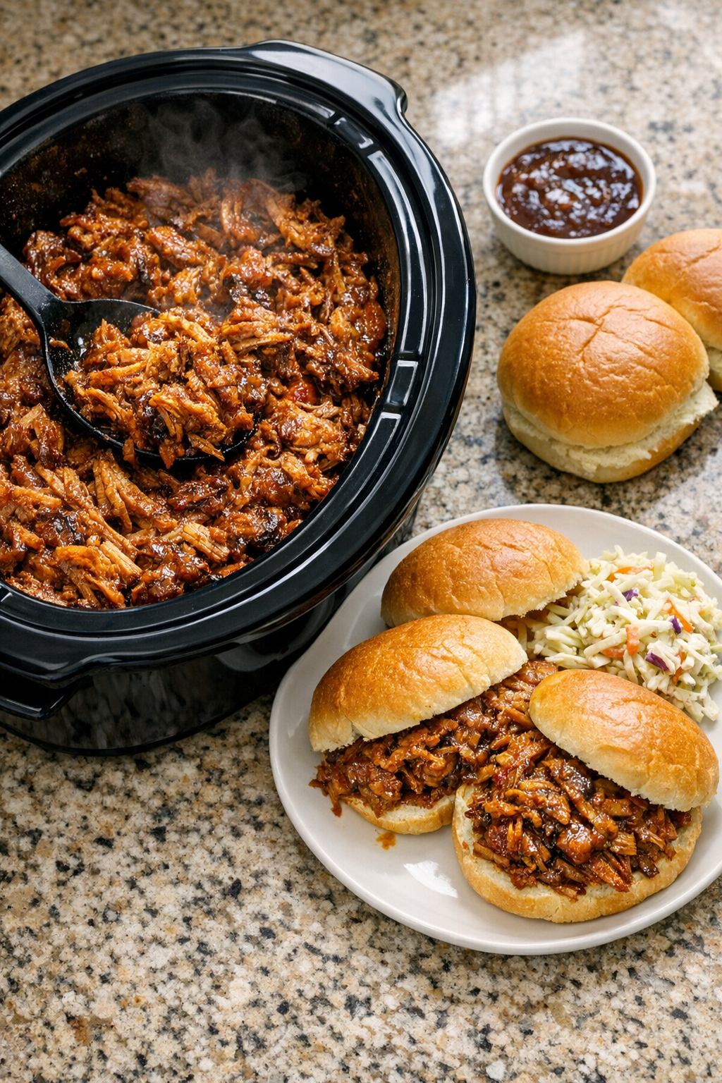 Finished sweet heat pulled pork served family-style