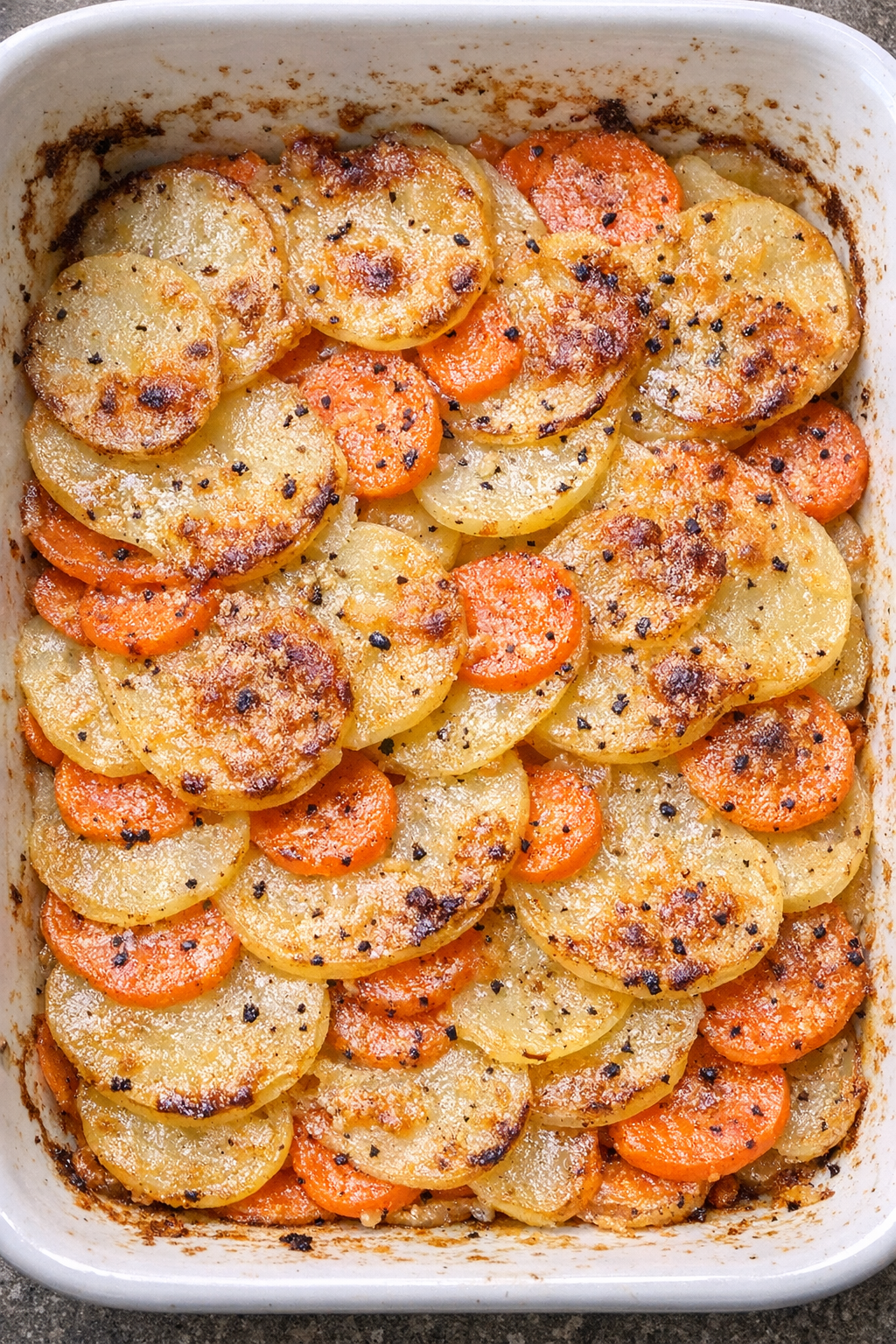 Golden layered carrot and potato bake