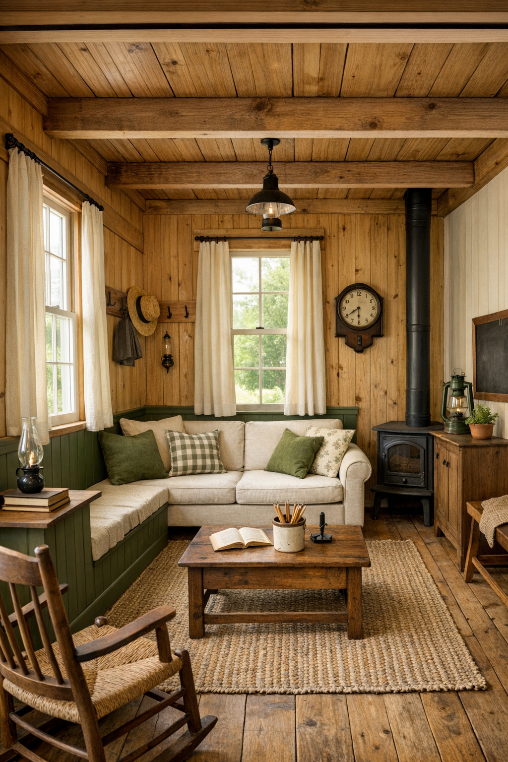 Cozy tiny home living room with warm wood walls, moss green accents, built-in seating, and tall schoolhouse windows