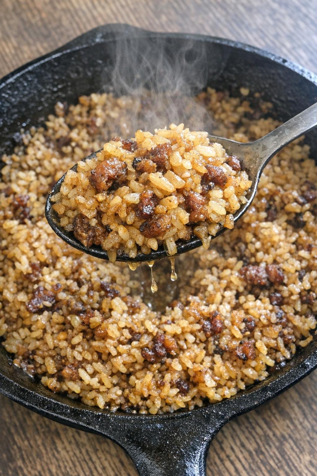 Golden caramelized rice in a cast iron skillet