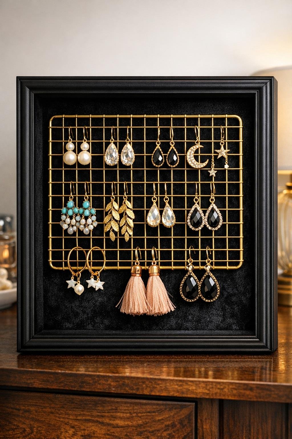 Finished gold cooling rack earring display inside a velvet-lined shadow box frame