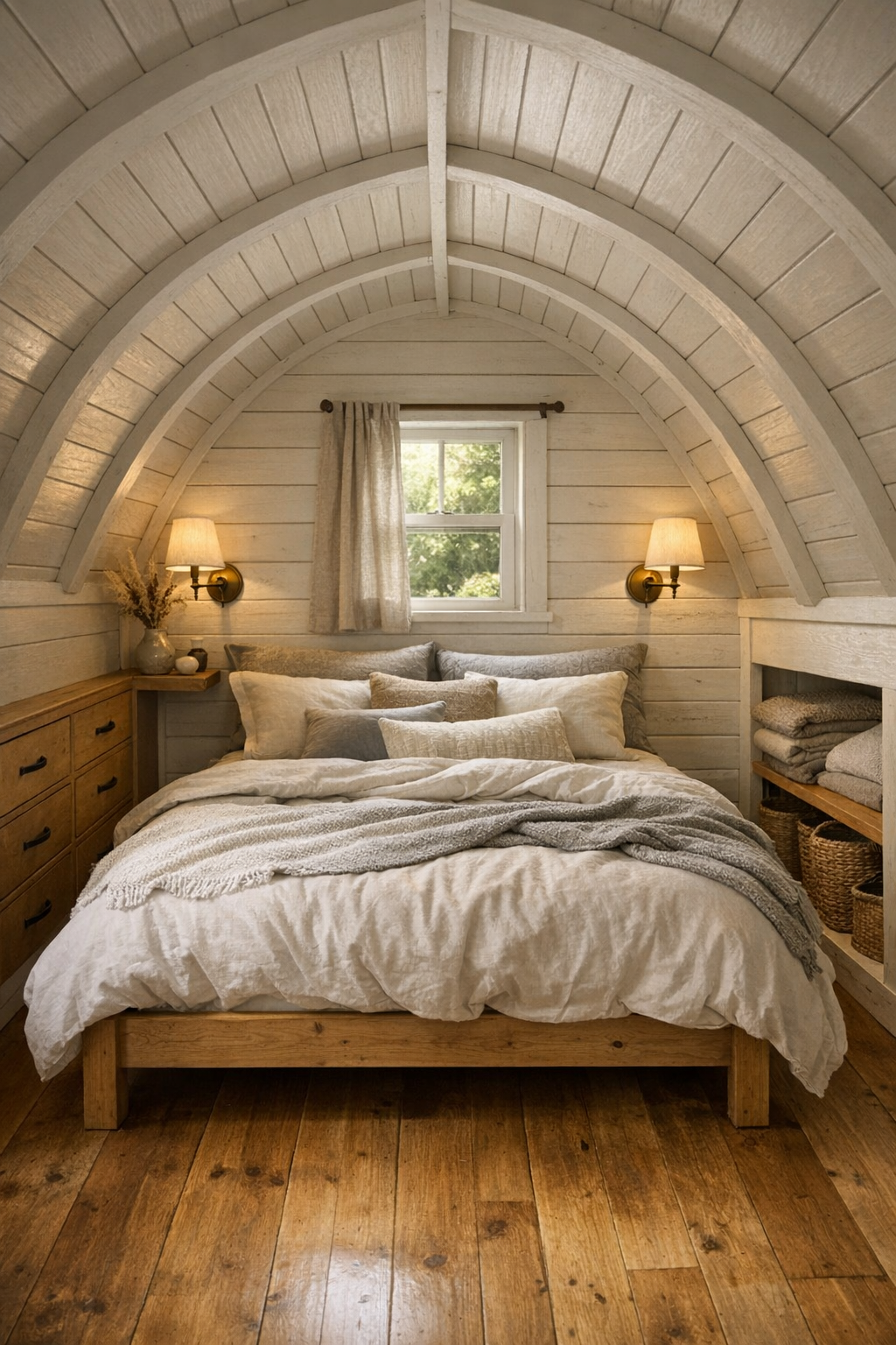 Cozy bedroom with sloped gambrel ceiling, layered neutral bedding, and built-in storage