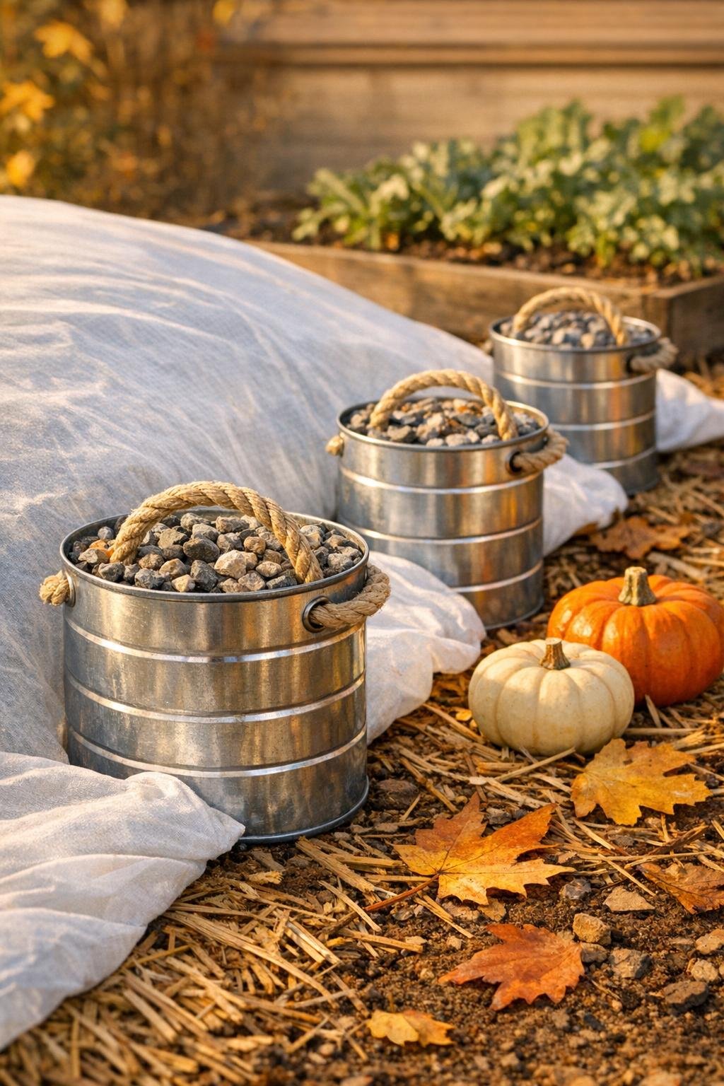 Finished coffee can garden bed cover weights holding down a fall row cover