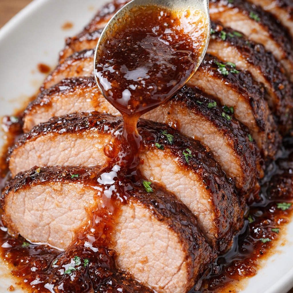 Apple butter glaze being spooned over sliced pork