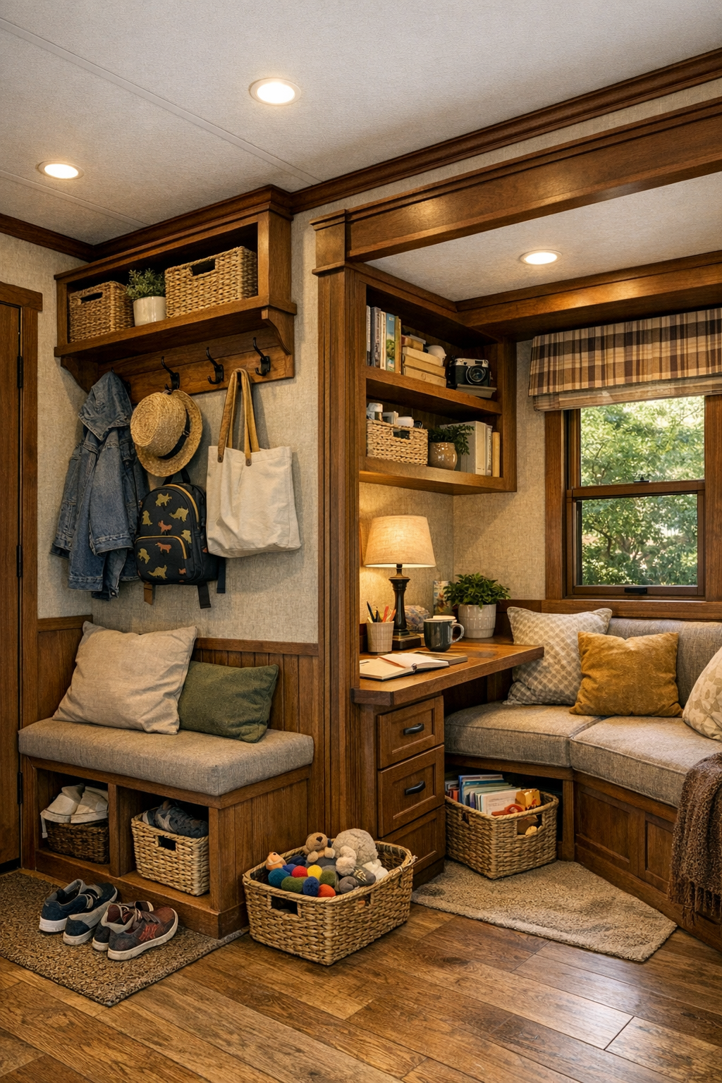 Thoughtful small-space details with entry storage and built-in multipurpose nook