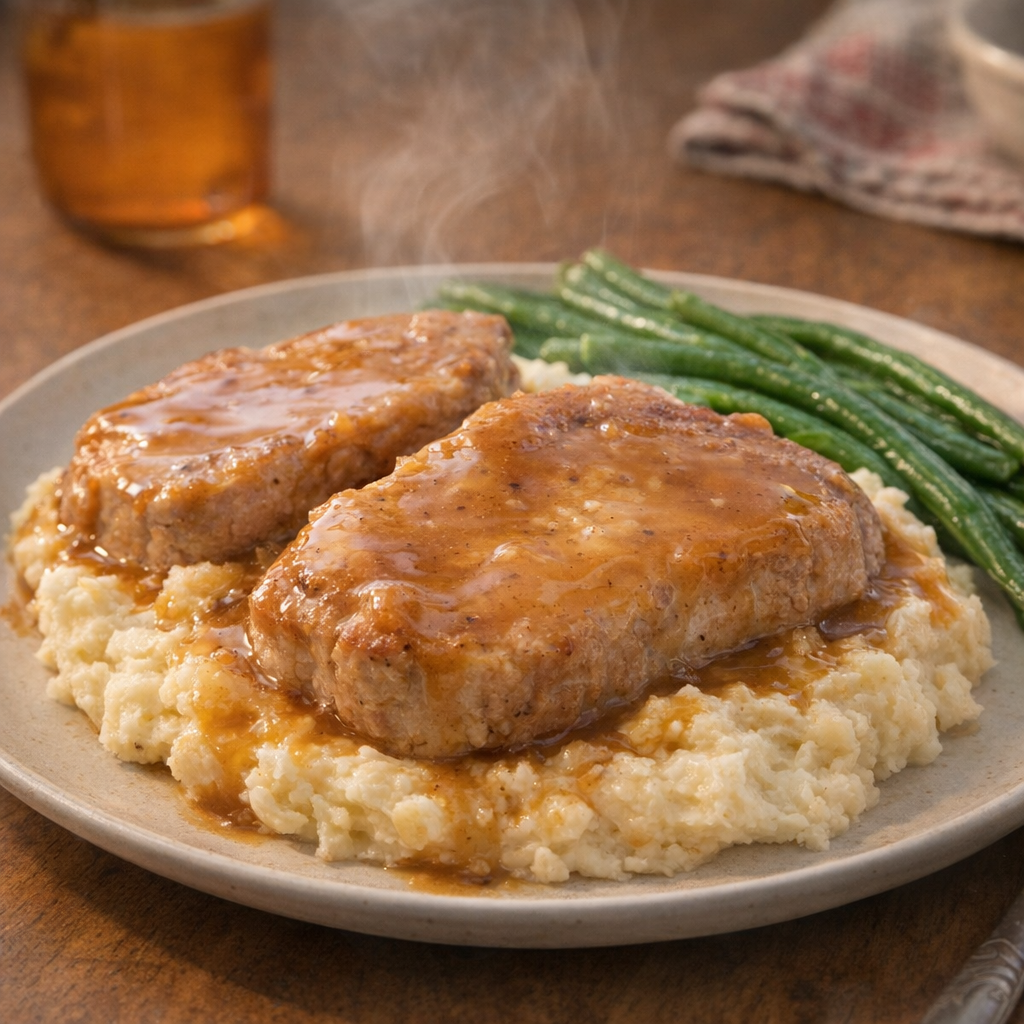 Slow cooker pork chops served with mashed potatoes