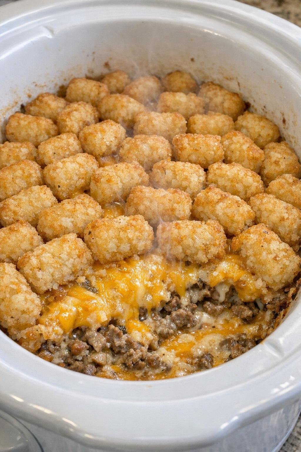 Slow cooker tater tot casserole in a white crock