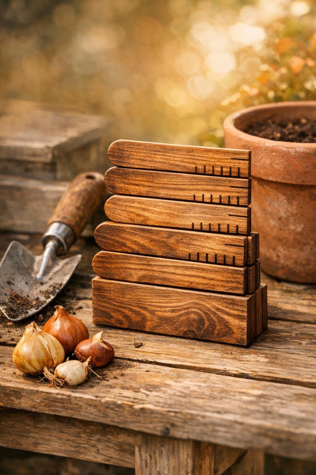 Finished stained popsicle stick bulb planting depth guides styled on a fall potting bench