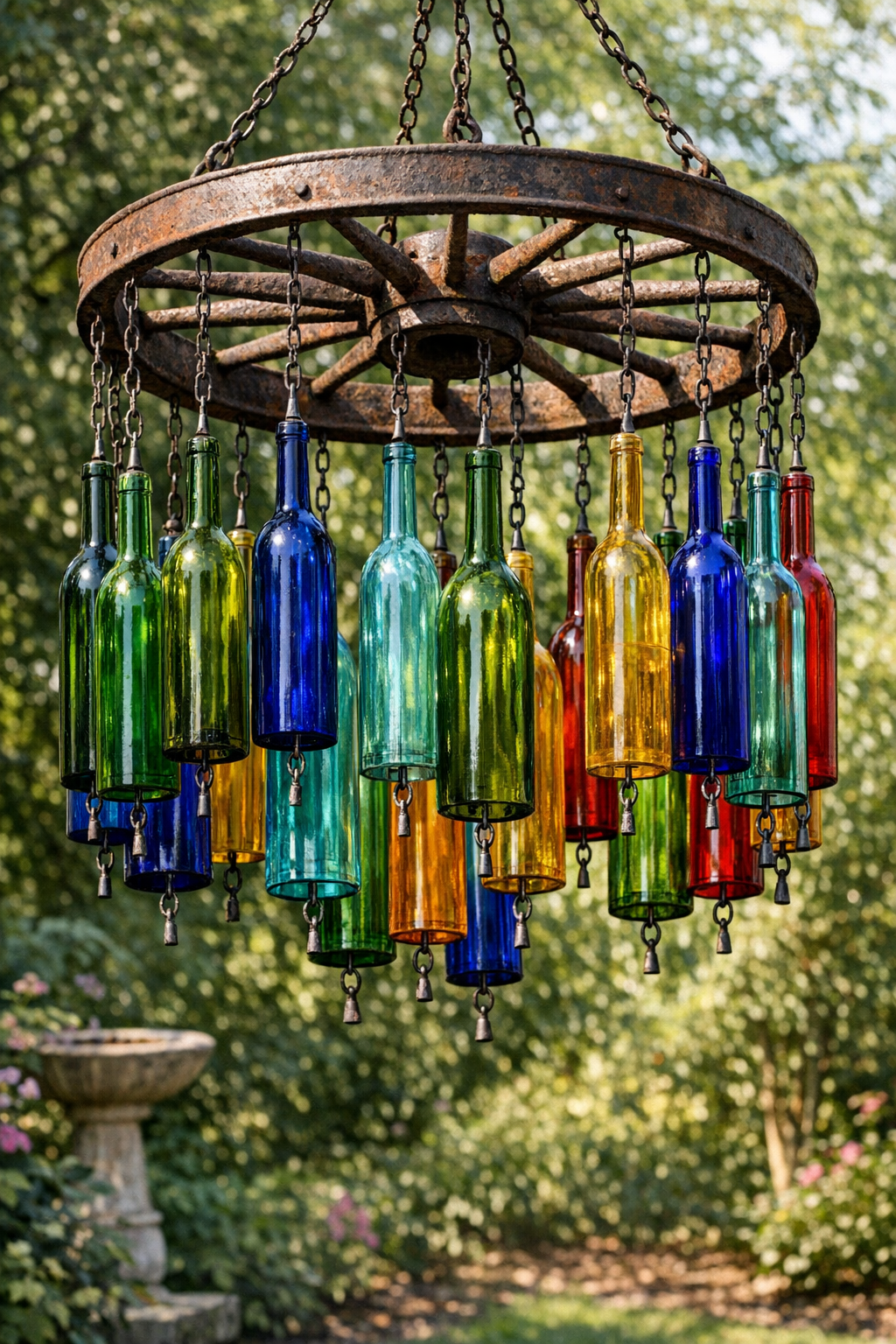 Finished giant backyard wind chimes made from colorful wine bottles and a rusty wagon wheel