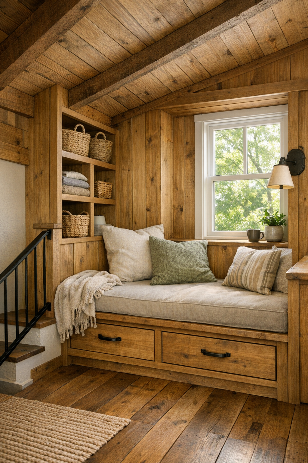 Built-in nook and stair area with smart storage in a barn-style tiny home