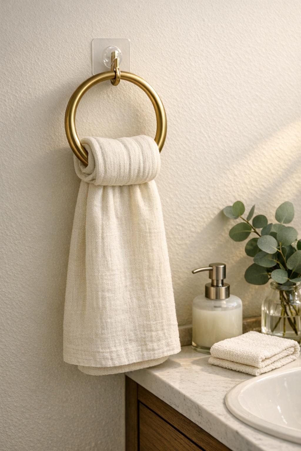 Finished brushed brass ring towel holder with cream linen towel in a styled bathroom