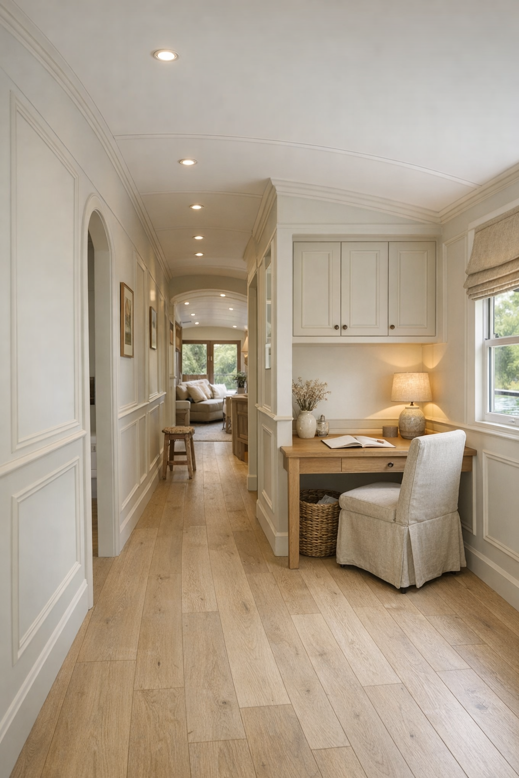 Houseboat hallway and nook with French country detailing, built-in desk, and soft lighting