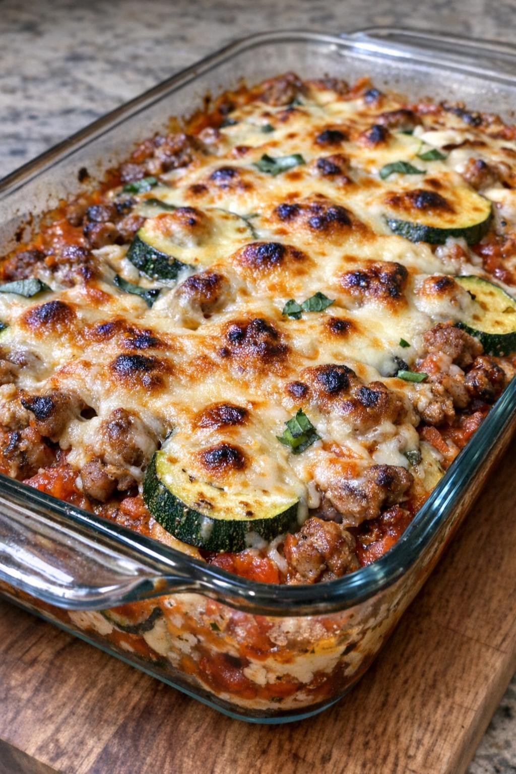Cheesy Italian sausage zucchini bake fresh from the oven