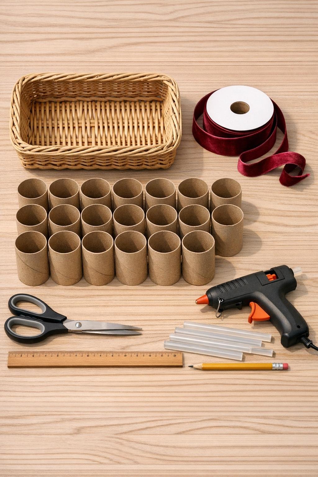 Materials for a wicker basket sock drawer divider laid out neatly