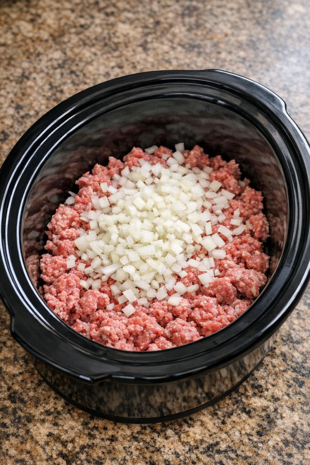 Raw ground beef and chopped onion layered in a slow cooker