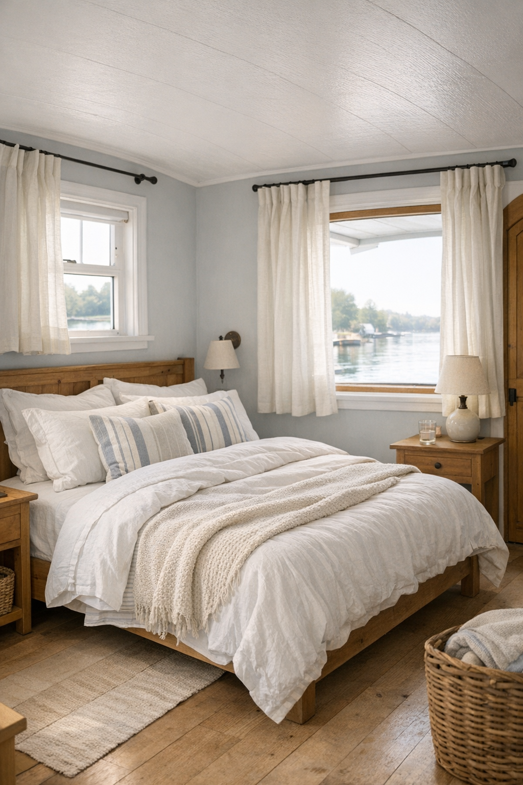 Peaceful coastal bedroom with layered linens, pale walls, and natural wood furniture