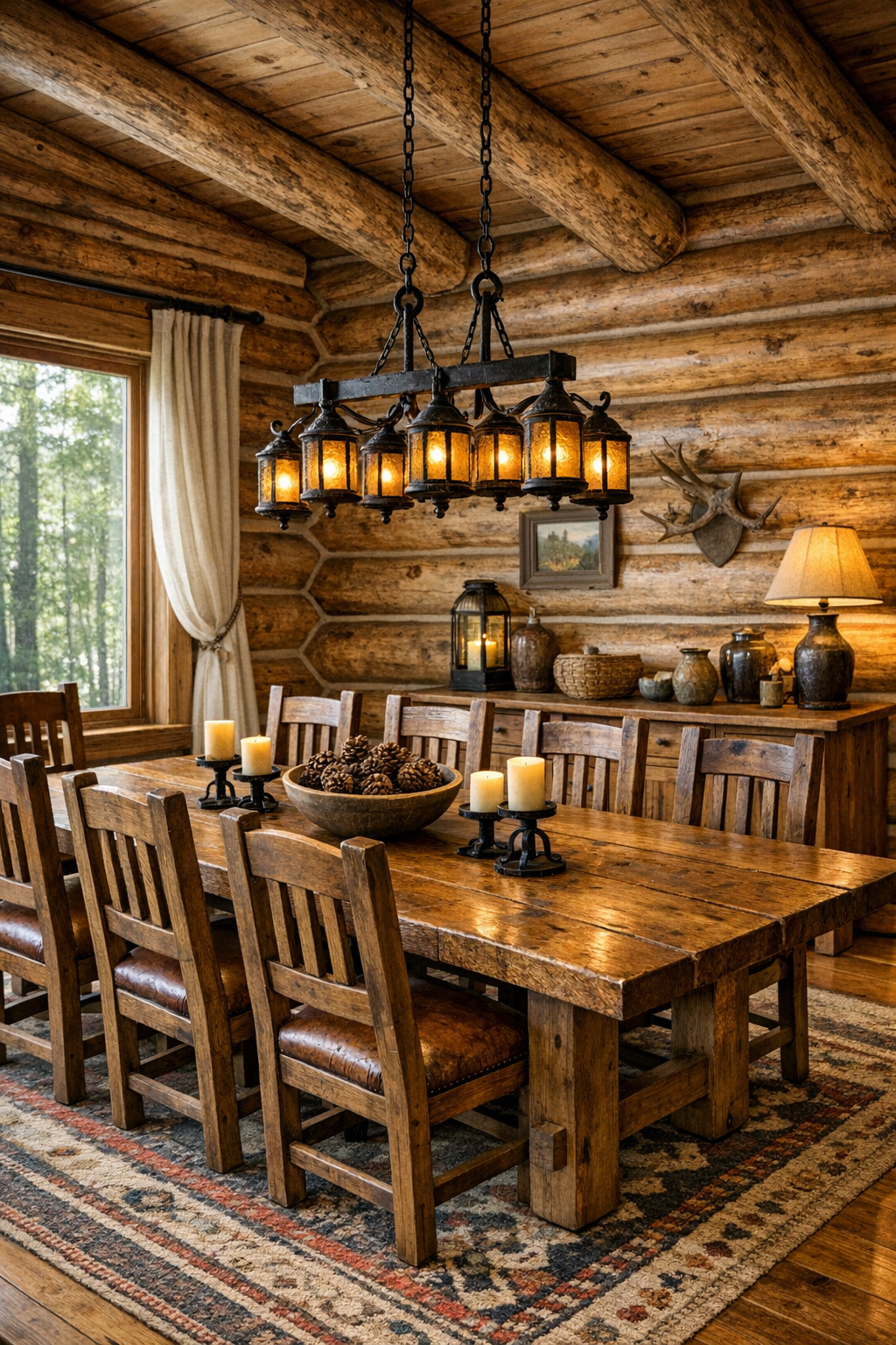 Handcrafted rustic dining room with long wood table, cedar walls, and warm overhead lighting