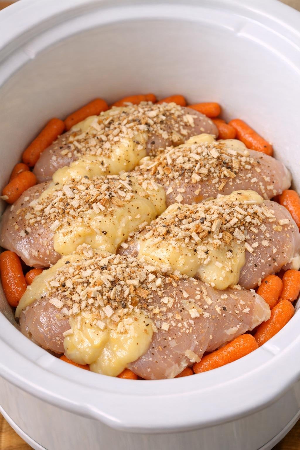Chicken topped with soup and onion mix in the slow cooker