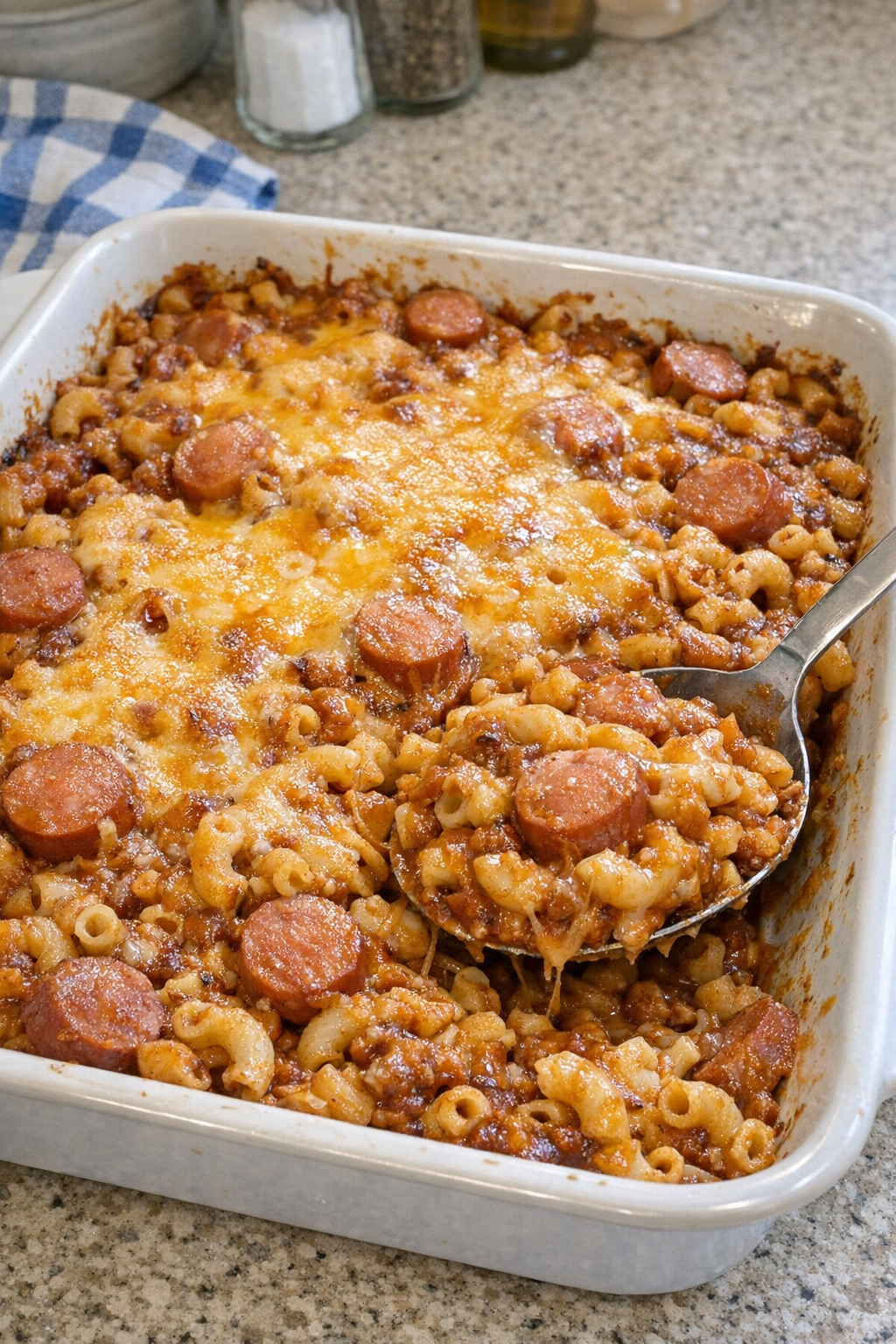 Finished baked hot dog macaroni casserole in a baking dish