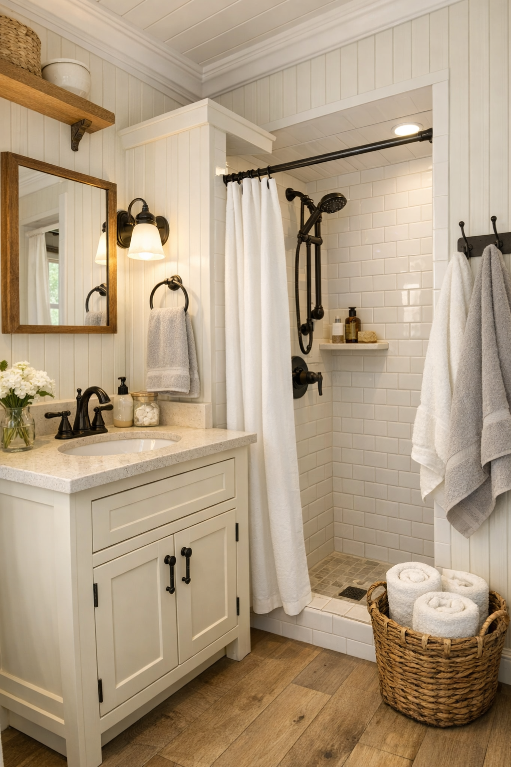 Charming tiny home bathroom with cream vanity, white tile shower, and handcrafted finishes