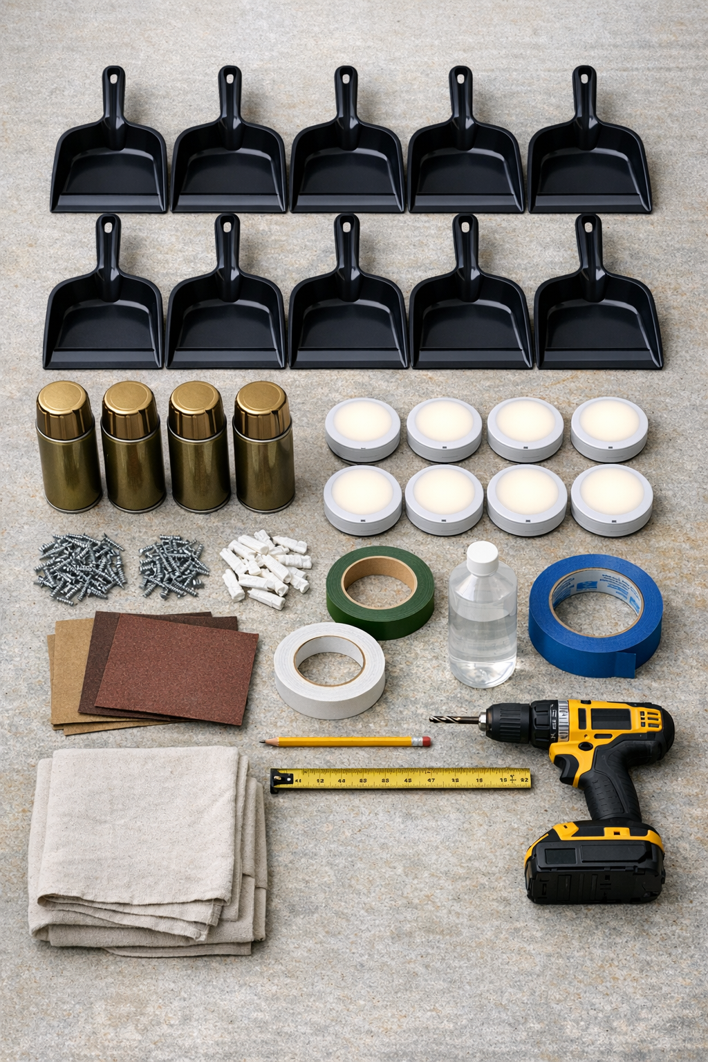 Materials laid out for making eight dustpan porch wall sconces