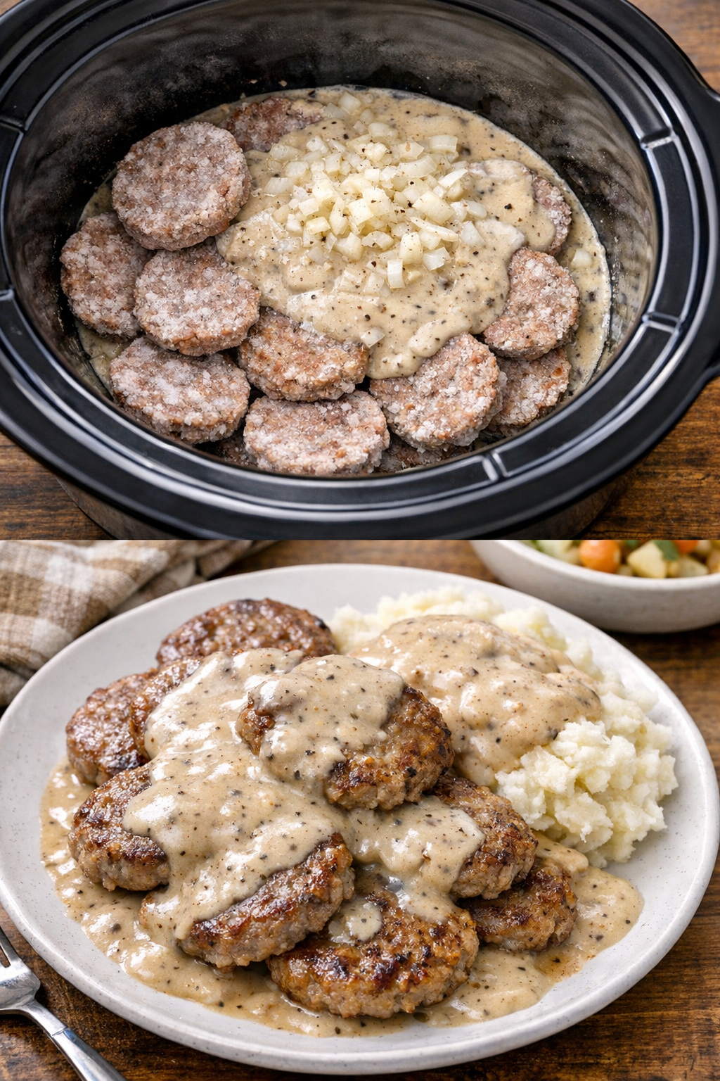 Finished slow cooker sausage patties in creamy gravy