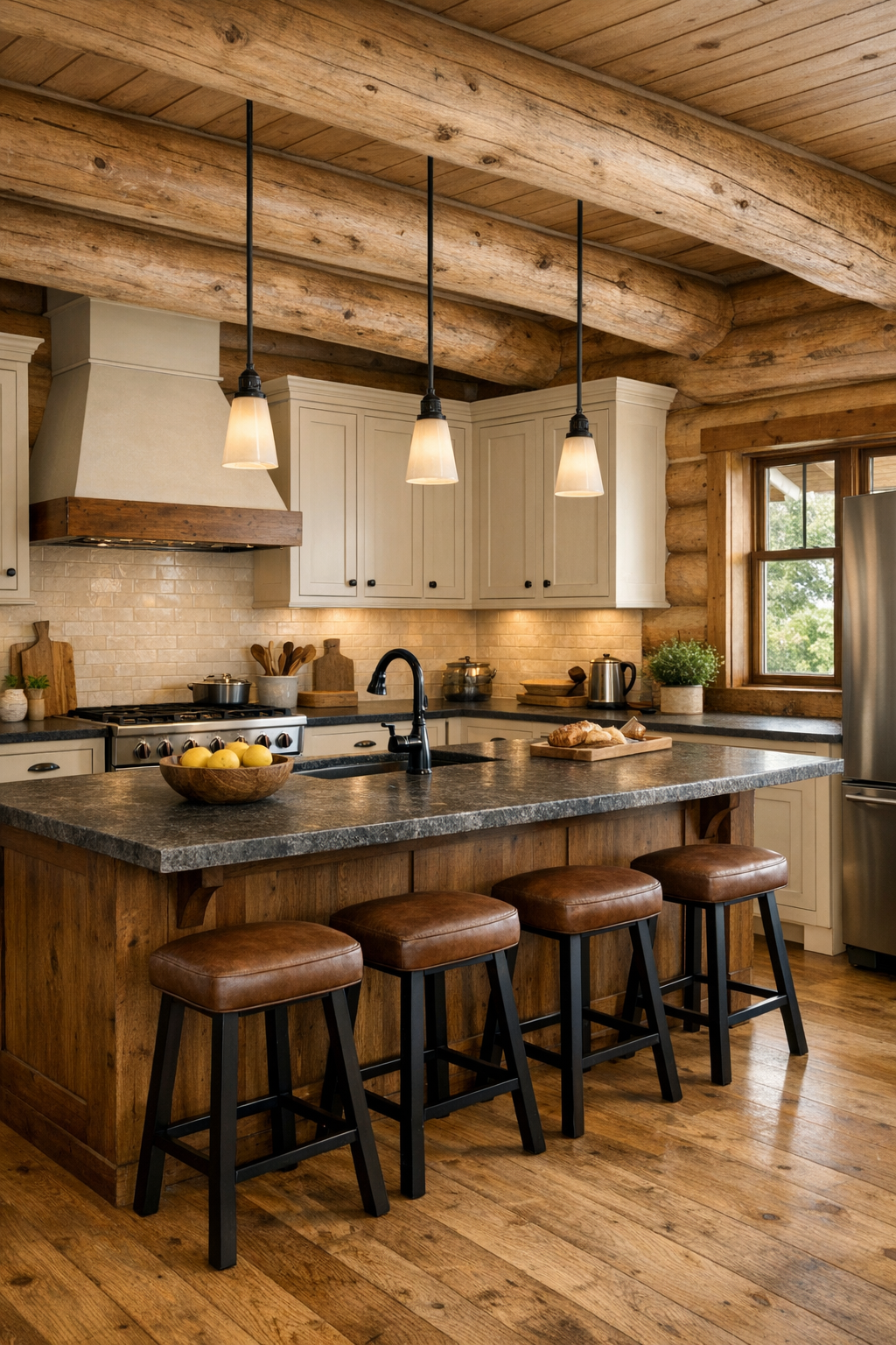 Kitchen with light cabinetry, dark wood island, stone counters, and pendant lights