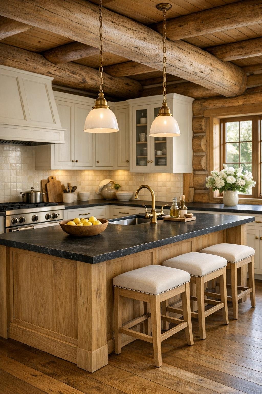 Kitchen with ivory cabinets, white oak island, soapstone counters, and handmade tile backsplash