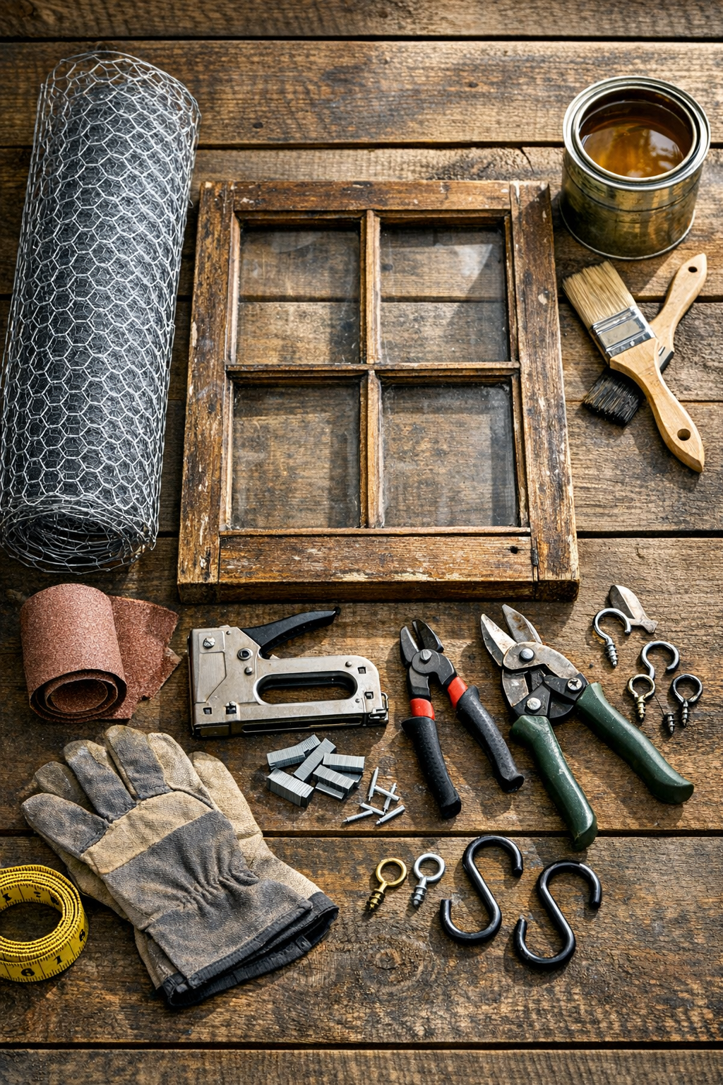 Vintage window frame, chicken wire, staples, and tools laid out for the drying rack project