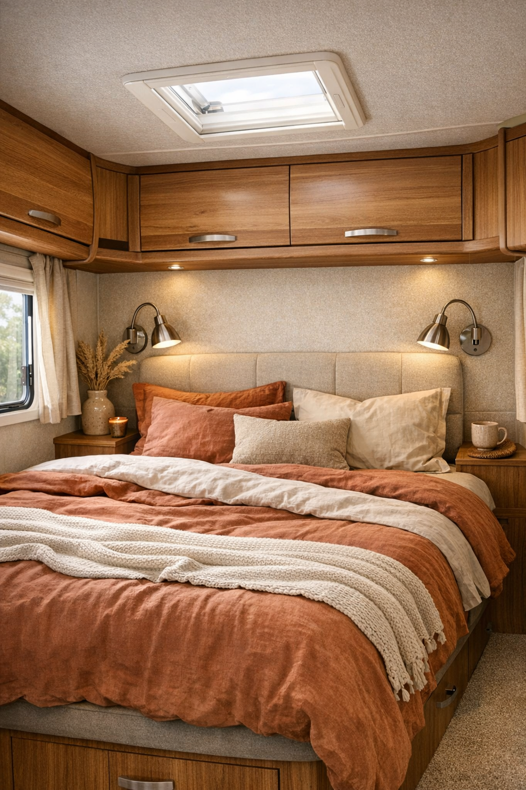 Serene RV camper bedroom with clay-toned bedding and built-in storage