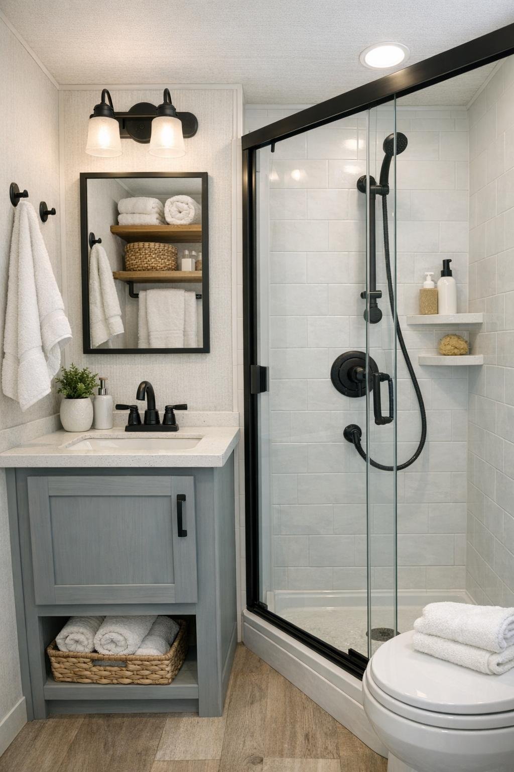 Small bright RV bathroom with a compact vanity, light tile, and glass shower