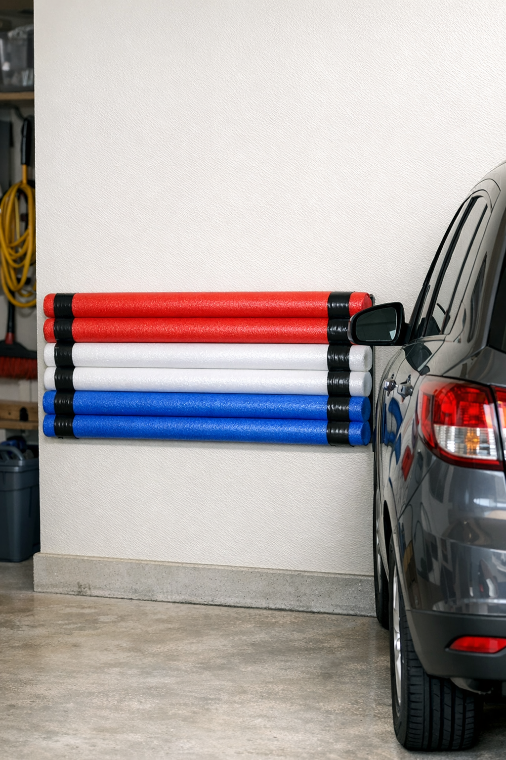 Finished red, white, and blue pool noodle bumper guard mounted on a garage wall