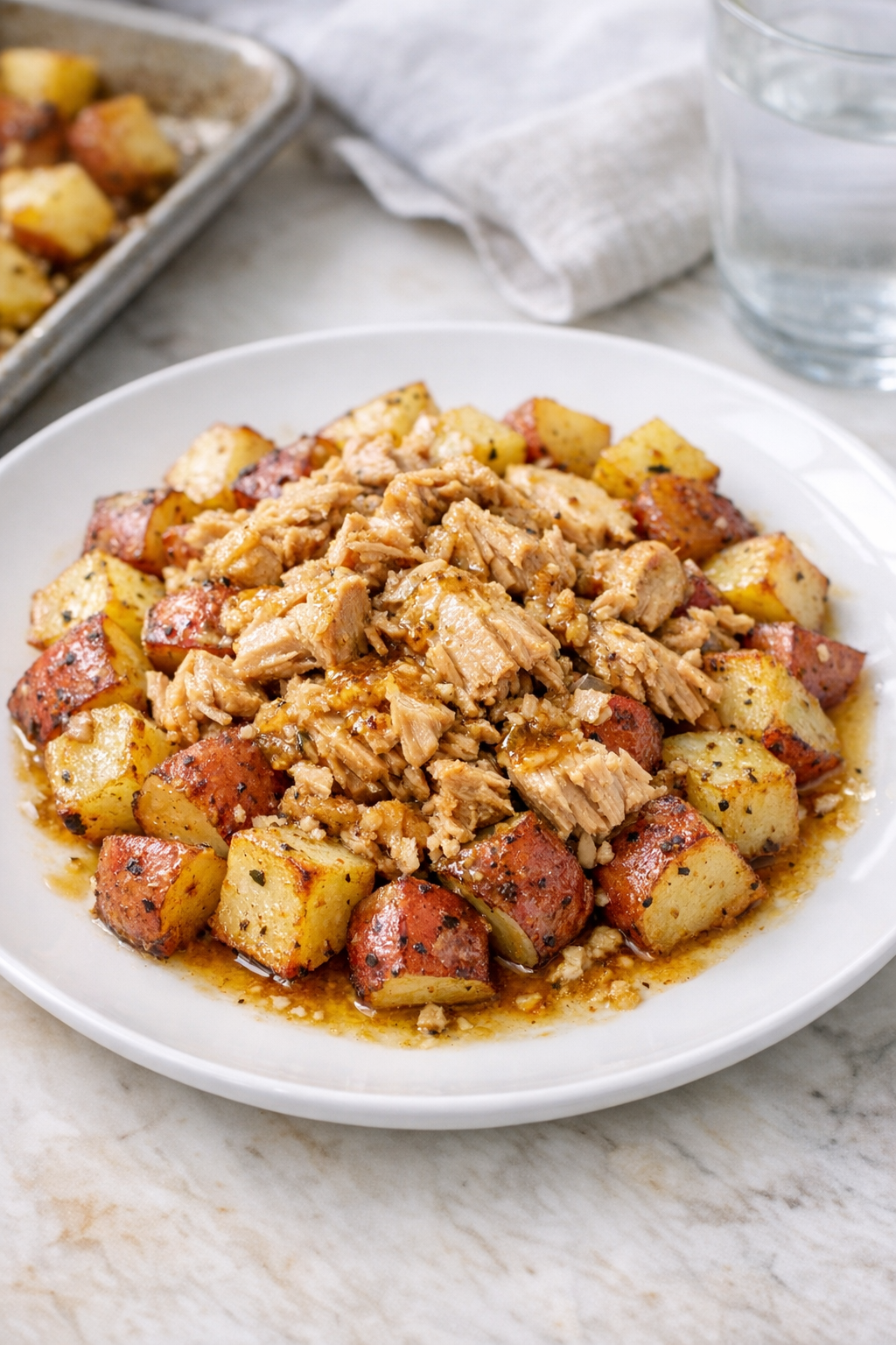 Finished baked yellowfin tuna and red potatoes on a plate