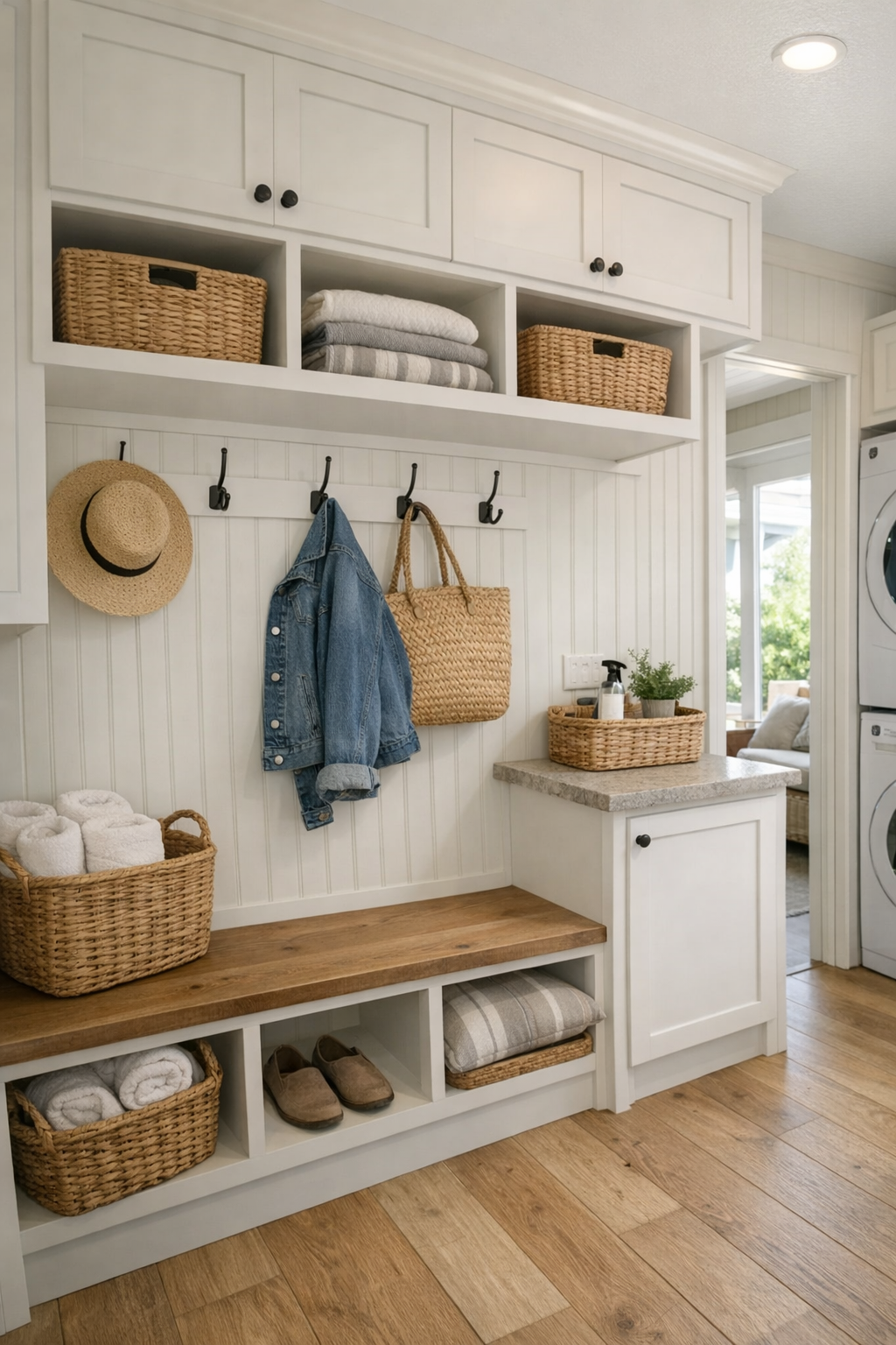 Thoughtful small-space utility area with built-in storage, hooks, and farmhouse finishes