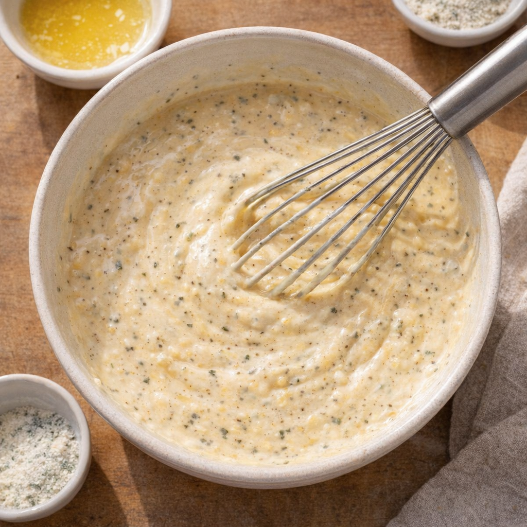 Creamy ranch sauce being whisked in a mixing bowl