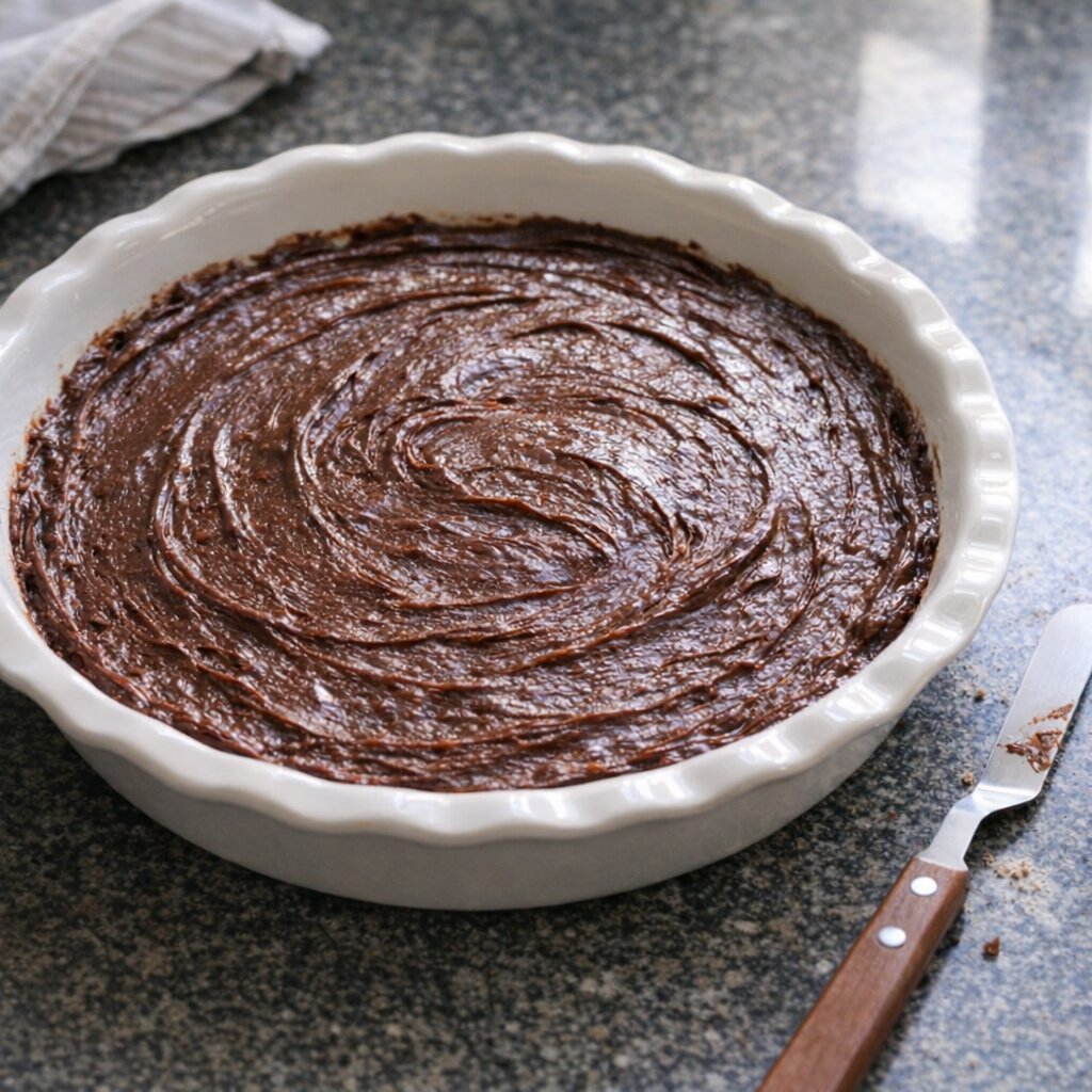 Brownie pie batter smoothed in a pie dish before baking