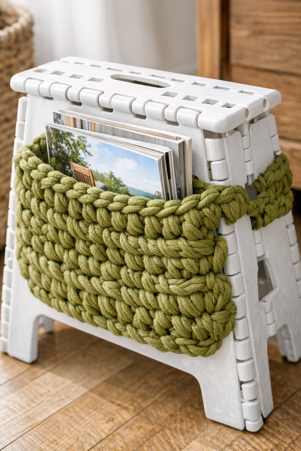 Finished crocheted late summer magazine rack made from a plastic step stool