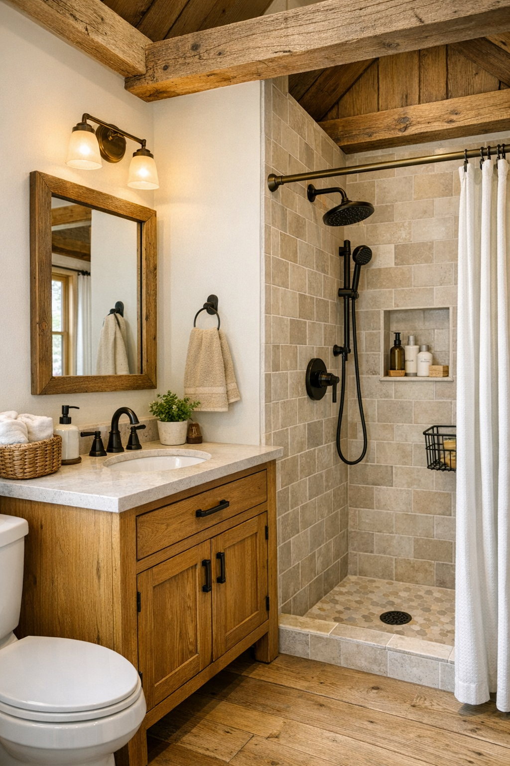 Bright small bathroom with oak vanity, neutral tile, and simple warm finishes