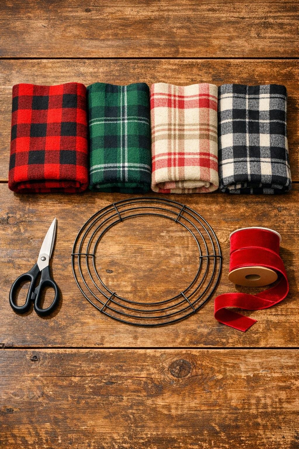 Old flannel shirts, wire wreath ring, scissors, and ribbon laid out on a table
